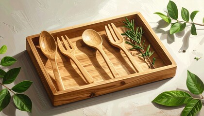 Wood box holds utensils amidst greenery, bright