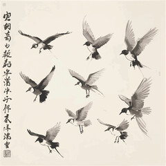 Set of bue ink wash paintings of various birds in flight on white background. Traditional oriental ink painting sumi-e, u-sin, go-hua. Hieroglyph - happiness