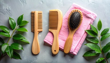 Haircare Combs, brush, towel, and verdant green leaves