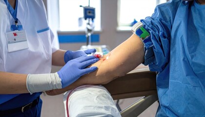 Arm injection by nurse. Blue gloves, sterile. Indoors