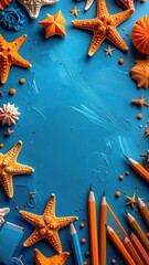 Starfish & pencil frame on cyan