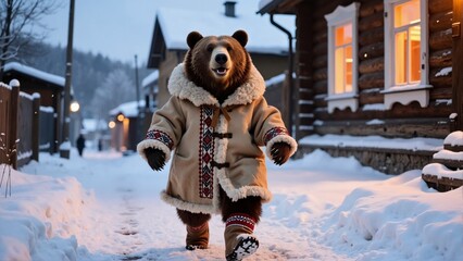 Anthropomorphic bear in traditional fur-trimmed winter coat and boots walking through a snowy village street at dusk