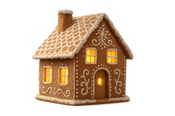 Gingerbread house showing glowing windows and intricate icing decoration, a festive holiday treat on transparent background