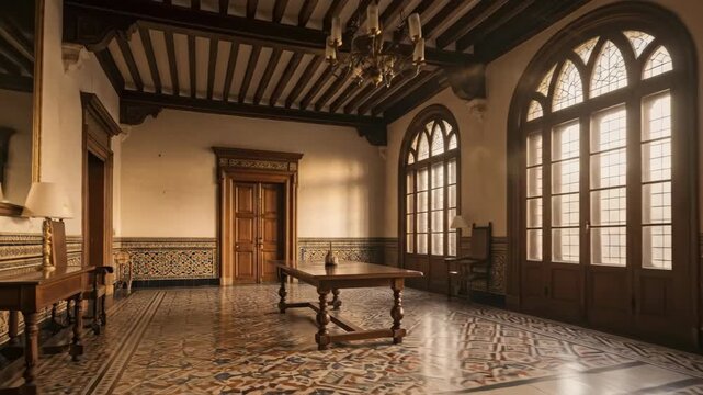 Elegant sunlit victorian dining room with intricate woodwork and patterned tiles