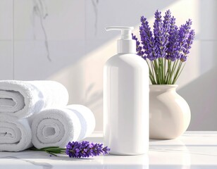 Spa scene lavender, lotion, towels, sunlit marble top