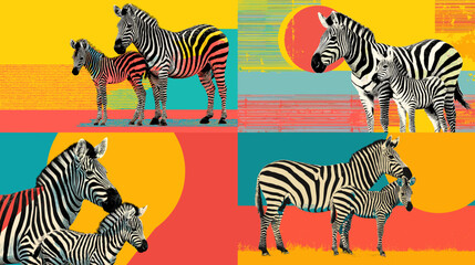 Modern colorful illustrations of zebra families standing together in abstract landscapes. Bold wildlife artwork with vibrant shapes, playful patterns, and contemporary safari themes.