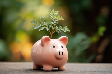 Piggy bank with a young plant growing from the top representing sustainability and financial growth in a natural setting