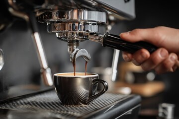 Professional barista skillfully brewing espresso at a busy cafe during the morning rush hour