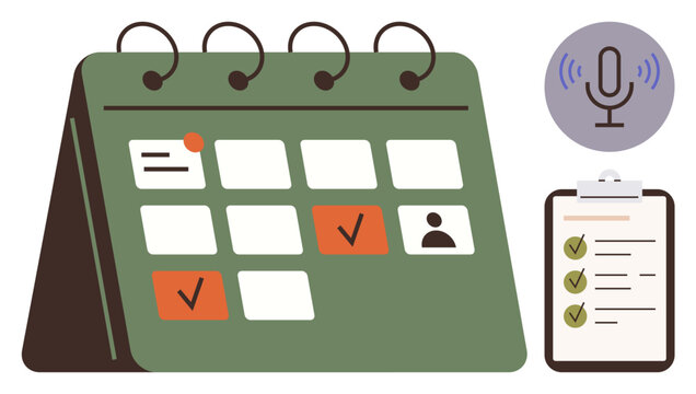 Green calendar with marked tasks, microphone icon for voice interaction, and checklist of goals. Ideal for scheduling, productivity, project management, organization, reminders, planning simple flat