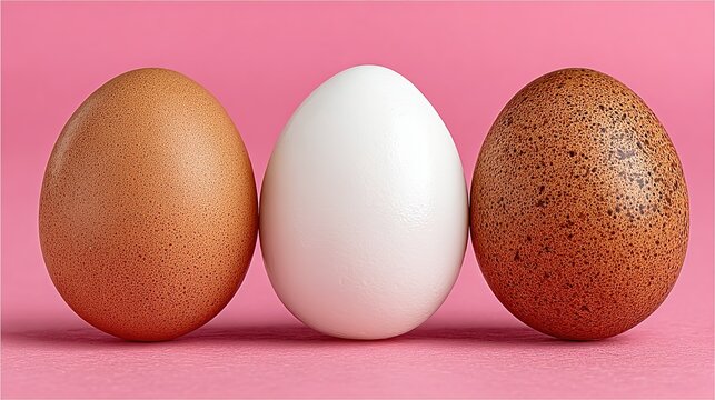 Three eggs on pastel-pink minimal backdrop, soft light—e-commerce hero, bakery pack or social header ready