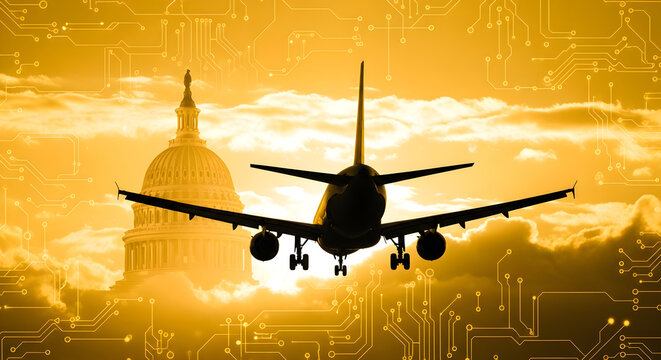 Silhouette of Airplane and US Capitol Dome with Digital Circuit Overlay - Powered by Adobe