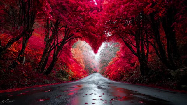 Romantic drive through vibrant red heart shaped forest tunnel perfect for Valentine's Day, 4K
