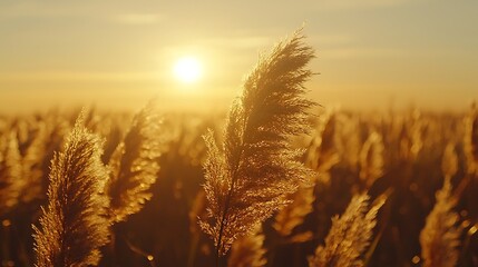 Golden Sunset Over Pampas Grass Field  Serene Nature Scene with Peaceful Atmosphere.