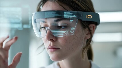 Modern woman interacts with augmented reality interface using futuristic AR glasses, 4K - Powered by Adobe