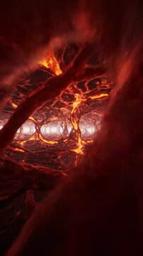 Cinematic travel through an infinite abstract glowing red and gold organic cellular structure resembling microscopic veins or deep bio-systems pulsing, seamless loop, technology