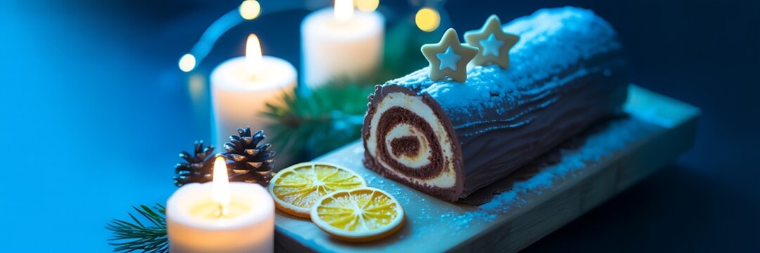 Christmas yule log cake, powdered sugar, festive lights decor