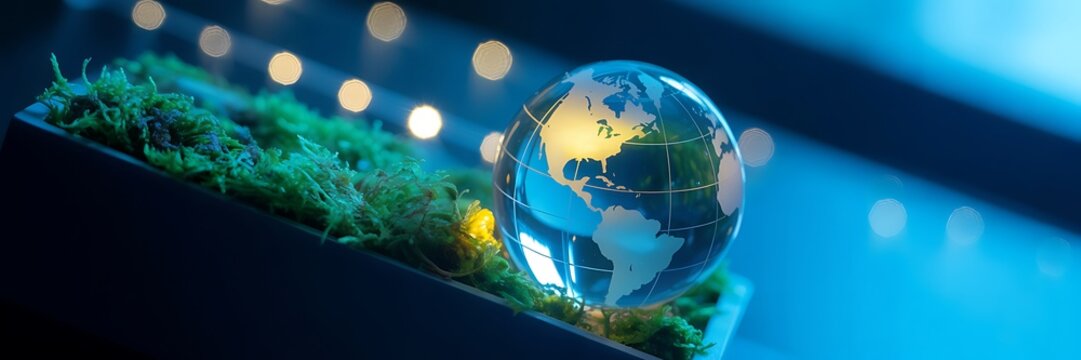 Glass earth globe on green moss for global environmental care
