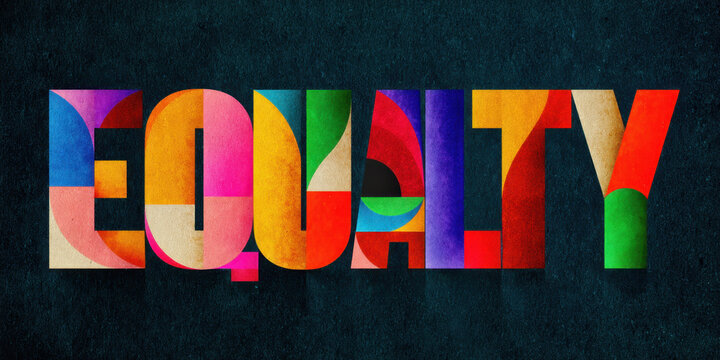 Colorful geometric letters spell EQUALITY against dark background, symbolizing diversity and inclusion. vibrant design conveys message of unity and social justice