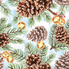 Fototapeta premium Watercolor pine branches with cones and round bells seamless pattern for Christmas design. Hand-drawn illustration spruce twig for winter holiday decor. Conifer plant natural background for textile.