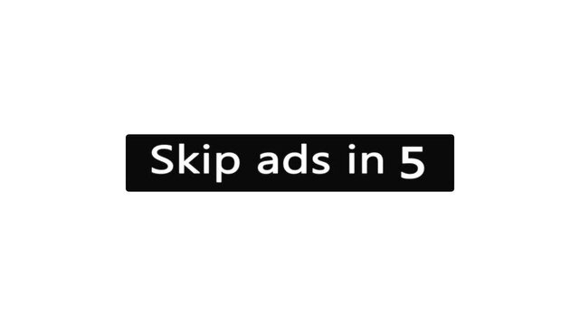 Skip ads in countdown animation. Skip ad countdown 10 seconds button click animation UI overlay.