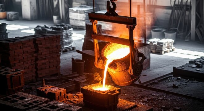 Molten metal pouring into mold in foundry casting process at factory