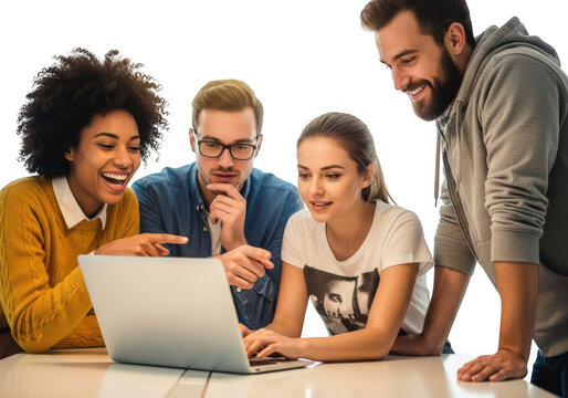 Diverse group of young people collaborating enthusiastically around a laptop screen transparent background