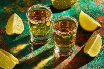 Refreshing tequila shots with lime wedges served on a colorful tabletop for a lively gathering in a festive atmosphere