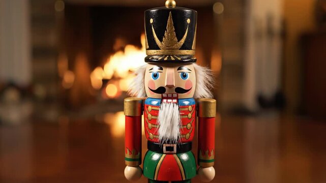 A nutcracker stands before a softly blurred fireplace donning red green  gold apparel and a black hat