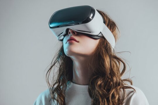 Woman with glasses immersed in virtual reality technology exploring new digital worlds indoors