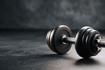 Black dumbbell resting on dark gym floor highlighting exercise equipment for strength training in a fitness environment