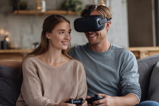 Couple enjoying virtual reality gaming together on a cozy couch in their living room during a relaxed evening indoors