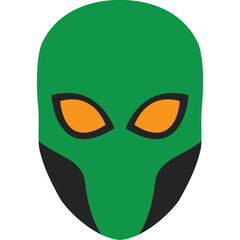Green Alien Mask With Orange Eyes And Black Accents On Transparent Background Minimalist Graphic Design