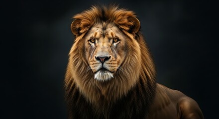 Fototapeta premium Majestic Male Lion with Golden Mane Facing Camera in Dark Background