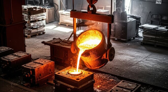 Molten metal pouring from ladle into mold at the foundry workshop