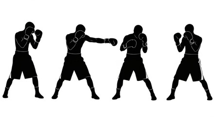 Boxer Silhouette Vector Illustration Showing Guard, Jab, Hook, Uppercut, and Knockout Poses in Dynamic Sports Style