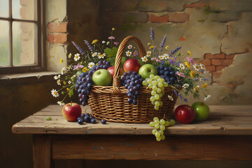 A basket filled with apples grapes and flowers on a wooden table near a window and brick wall art