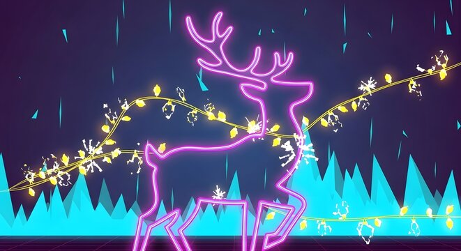 Neon pink reindeer outline with glowing string lights and geometric blue landscape.