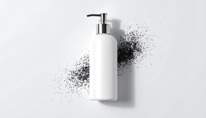 White lotion bottle w/ pump, tiny black grains on white