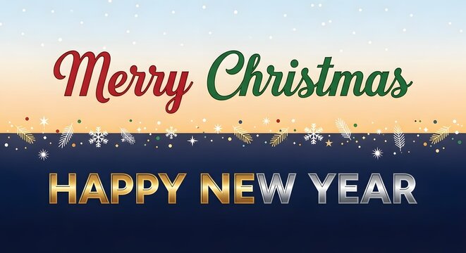 Festive Holiday Greeting Card Featuring Merry Christmas and Happy New Year Text with Snowflakes and Bokeh Lights