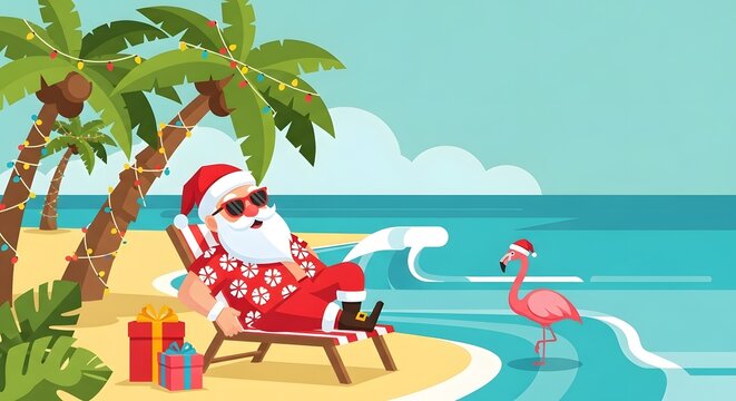 Santa Claus Enjoying a Tropical Beach Christmas Vacation, Relaxing Under Palm Trees with a Festive Flamingo and Gifts on a Sunny Holiday