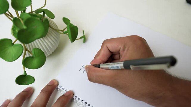 Writing in Notebook Beside Potted Plant
