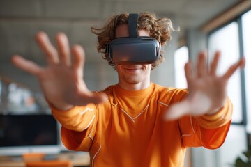 Man in orange shirt explores metaverse through virtual reality headset while gesturing with outstretched hands in a modern indoor space during daylight