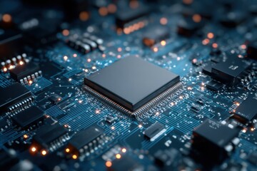 Fototapeta premium Exploring the advancements in internet and data mining technology through the intricate details of modern microchips and circuit boards