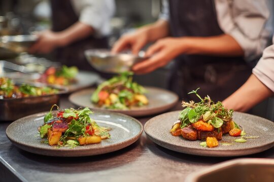 Chefs prepare vibrant plant-based dishes in a bustling restaurant kitchen during dinner service with fresh ingredients and creative flair