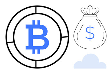 Bitcoin logo in circular design, money bag with dollar sign, and cloud graphic. Ideal for blockchain, cryptocurrency, finance, savings, investment digital economy fintech. Simple flat metaphor