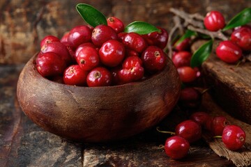 Fresh cranberries in a wooden bowl