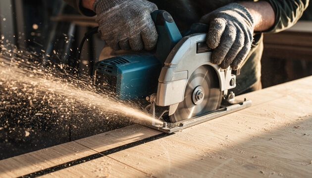 Worker Cutting Wood with Electric Circular Saw in Workshop