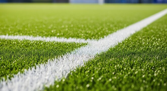 Close up of white line on green artificial turf of soccer field