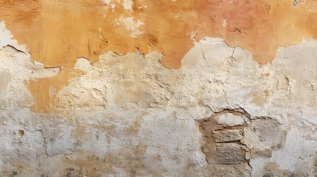 An old weathered wall shows faded orange and white paint peeling and textured brick exposed underneath it.