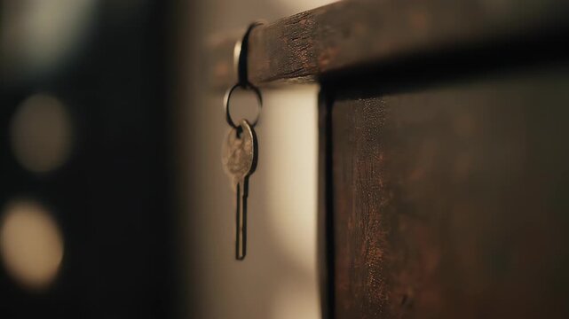 Close up of a single key hanging from a metal surface.